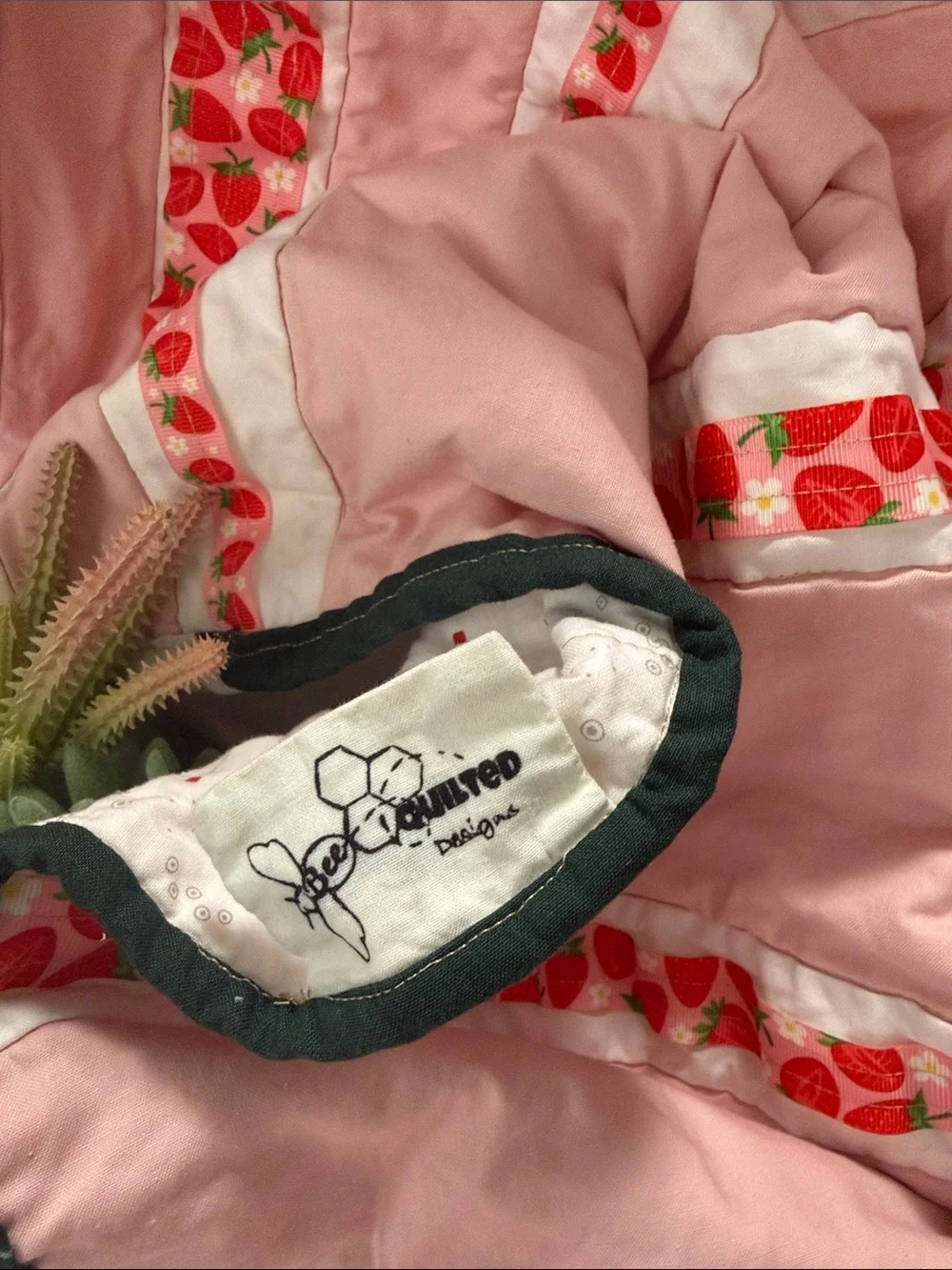 Handmade Pink Strawberry Stripe Quilted Throw Blanket